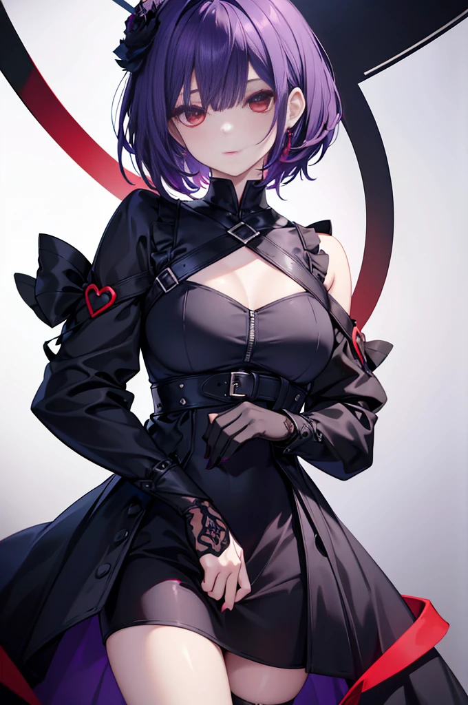 a beautiful girl with violet hair wearing a black dress, extremely detailed facial features, bob haircut, woman wearing a long black and red coat, solo character, white background, anime style, very detailed, photorealistic, 8k, best quality, masterpiece, red eyes, short hair