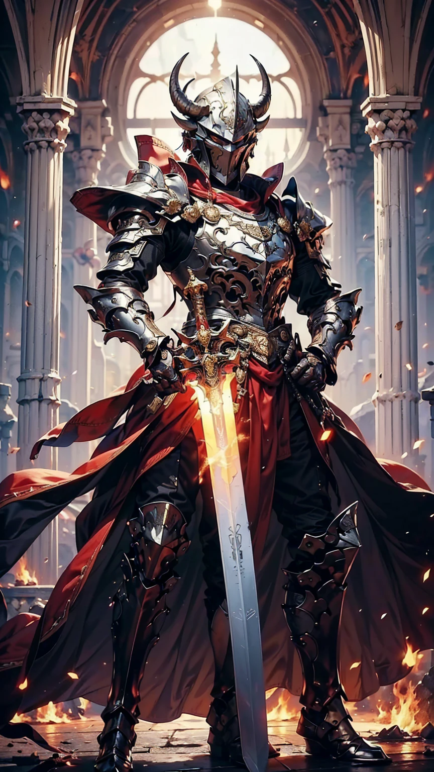 8K quality,(super masterpiece:1.3),Highest quality,Detailed Images,1 person,knight,pocket(Two cow horns,Red Tosaka),(Silver Full Armor,Blue decorated armor),(Wear a red cloak,Red Cape),(One sword,Hold the hilt of the sword with your left hand),(background:Burning image,sunset,幻想的なsunset,The End,The end of the world,grassland,Takayama,Halo effects),(Whole body image,Standing with your legs apart),(Face directly towards the camera,Looking directly at the viewer,looking at the camera,The body faces the viewer,The body is facing the direction of the camera,Face looking straight into the camera).