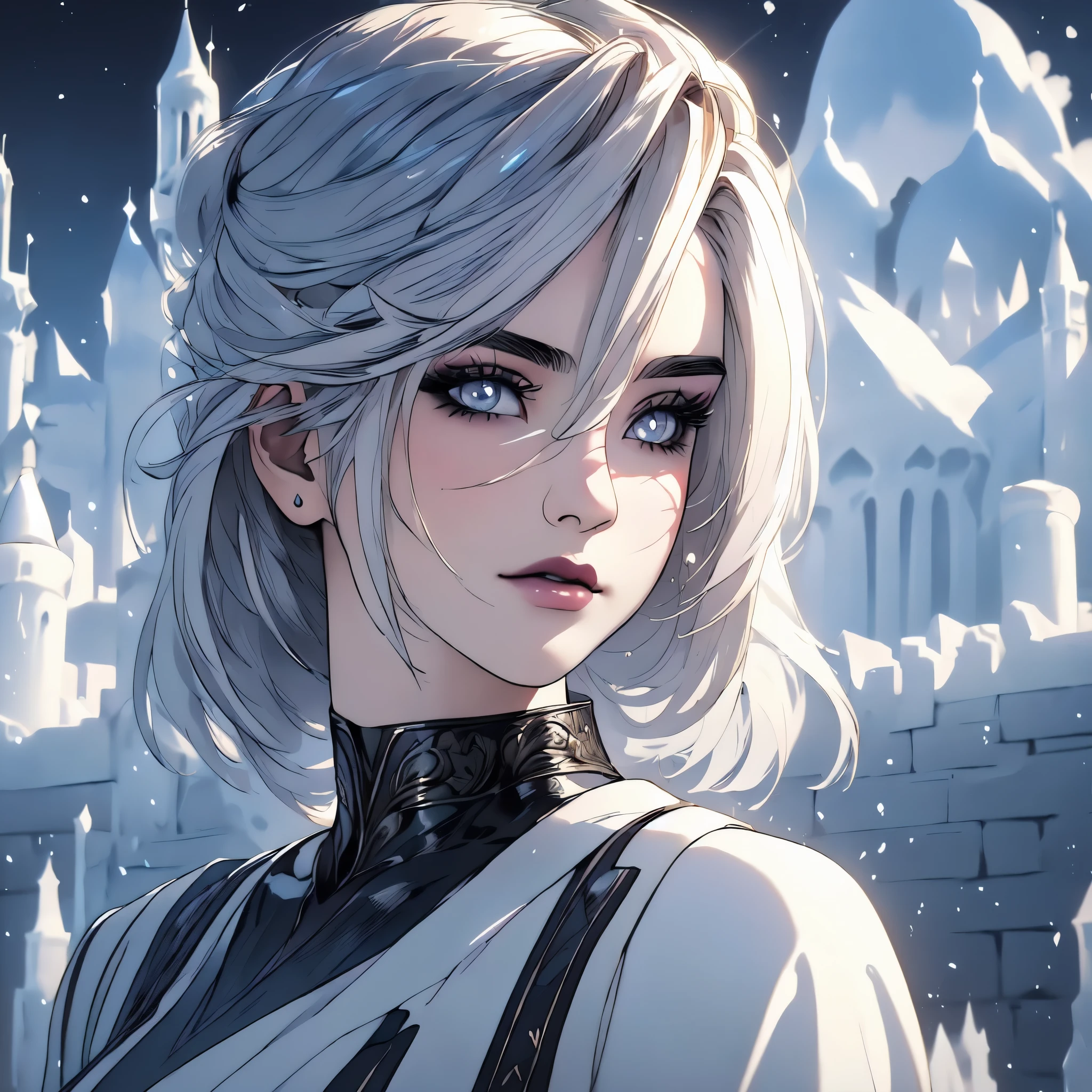 ((high quality:1.2, masterpiece:1.2)), 1girl, beautiful face, white hair, grey eyes, dynamic pose, (death knight, fantasy), (face shot, upper body), fantasy, (noon, ice castle background:1.2), majestic clouds, absurdres, high details, detailed and intricate, best lighting, sharp focus, realistic lighting