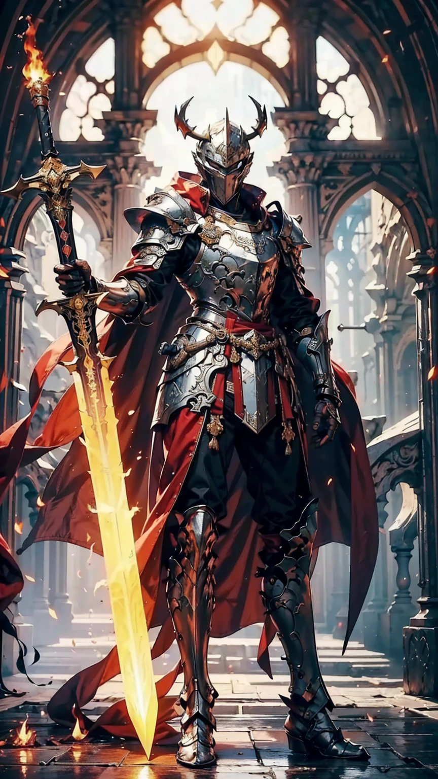 8K quality,(super masterpiece:1.3),Highest quality,Detailed Images,1 person,knight,pocket(Two cow horns,Red Tosaka),(Silver Full Armor,Blue decorated armor),(Wear a red cloak,Red Cape),(1 flaming sword,Hold the hilt of the sword with your left hand),(background:Burning image,sunset,幻想的なsunset,The End,The end of the world,grassland,Takayama,Halo effects),(Whole body image,Standing with your legs apart),(Face directly towards the camera,Looking directly at the viewer,looking at the camera,The body faces the viewer,The body is facing the direction of the camera,Face looking straight into the camera).