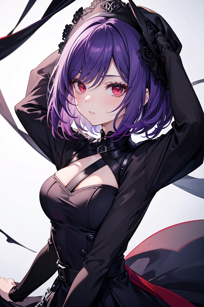 a beautiful girl with violet hair wearing a black dress, extremely detailed facial features, bob haircut, woman wearing a long black and red coat, solo character, white background, anime style, very detailed, photorealistic, 8k, best quality, masterpiece, red eyes, short hair