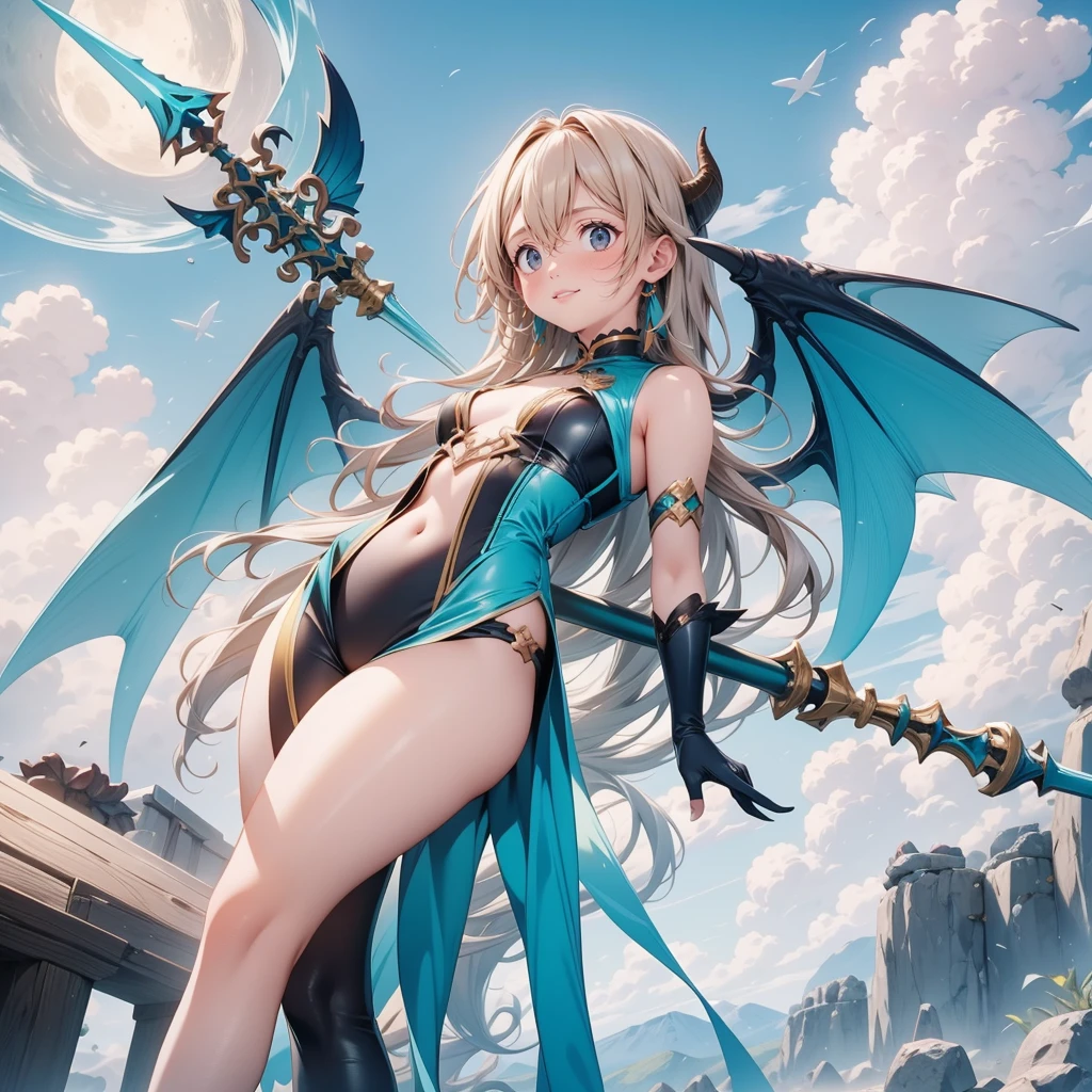 (Turquoise fantasy style) ,(8K),(illusory),Solitary,1 Girl,Yellow hair, Devil's Point,Gradient Wing, Practical, best quality, masterpiece, Ultra Detailed, Ultra-high resolution,rest (outdoor),Flying in the sky,moon,spear,Look at the audience,Scary face