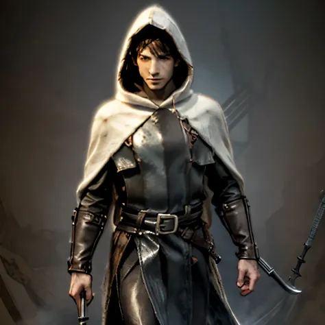 boy with messy dark hair.  his main clothing is a long coat with a white hood., combined with pirate elements such as leather st...