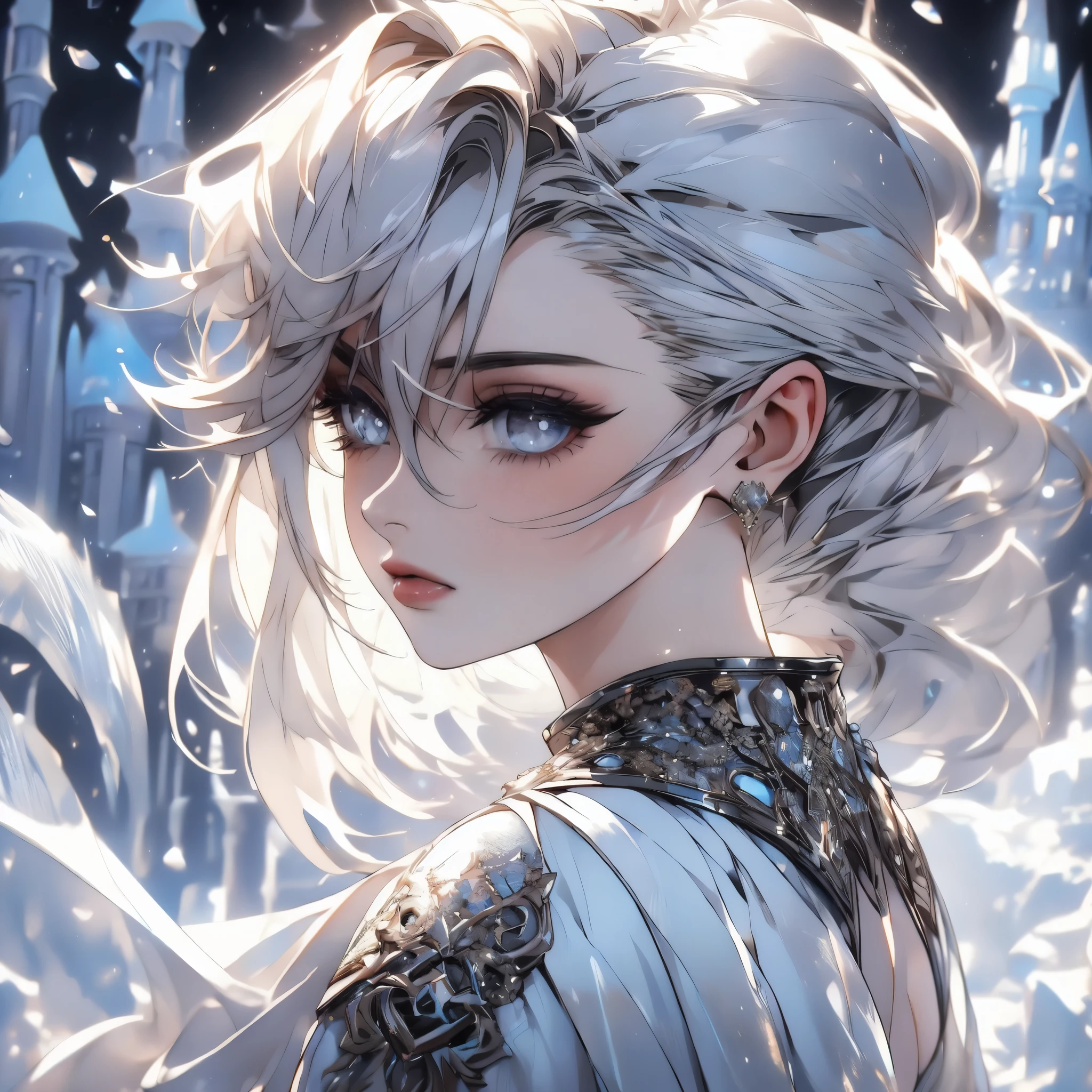 ((high quality:1.2, masterpiece:1.2)), 1girl, beautiful face, white hair, grey eyes, dynamic pose, (death knight, fantasy), (face shot, upper body), fantasy, (noon, ice castle background:1.2), majestic clouds, absurdres, high details, detailed and intricate, best lighting, sharp focus, realistic lighting