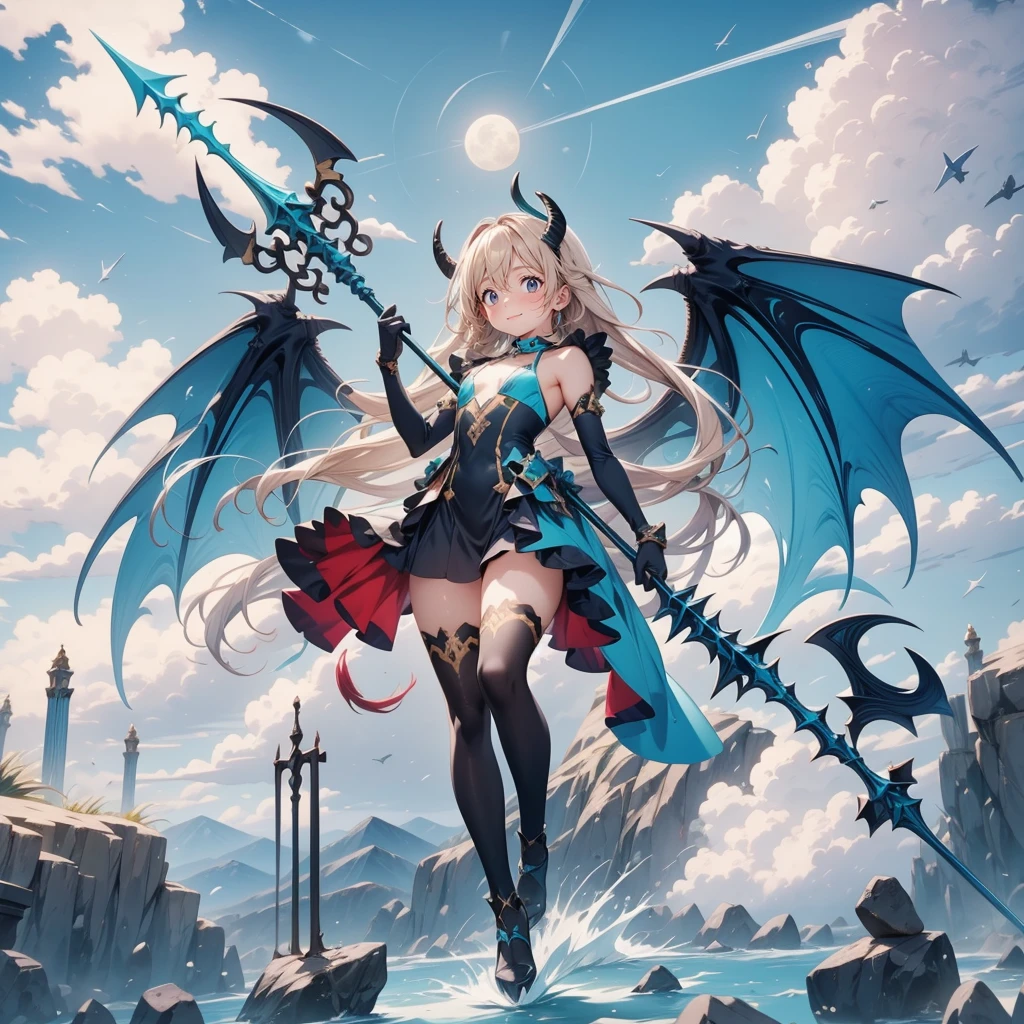 (Turquoise fantasy style) ,(8K),(illusory),Solitary,1 Girl,Yellow hair, Devil's Point,Gradient Wing, Practical, best quality, masterpiece, Ultra Detailed, Ultra-high resolution,rest (outdoor),Flying in the sky,moon,spear,Look at the audience,Scary face