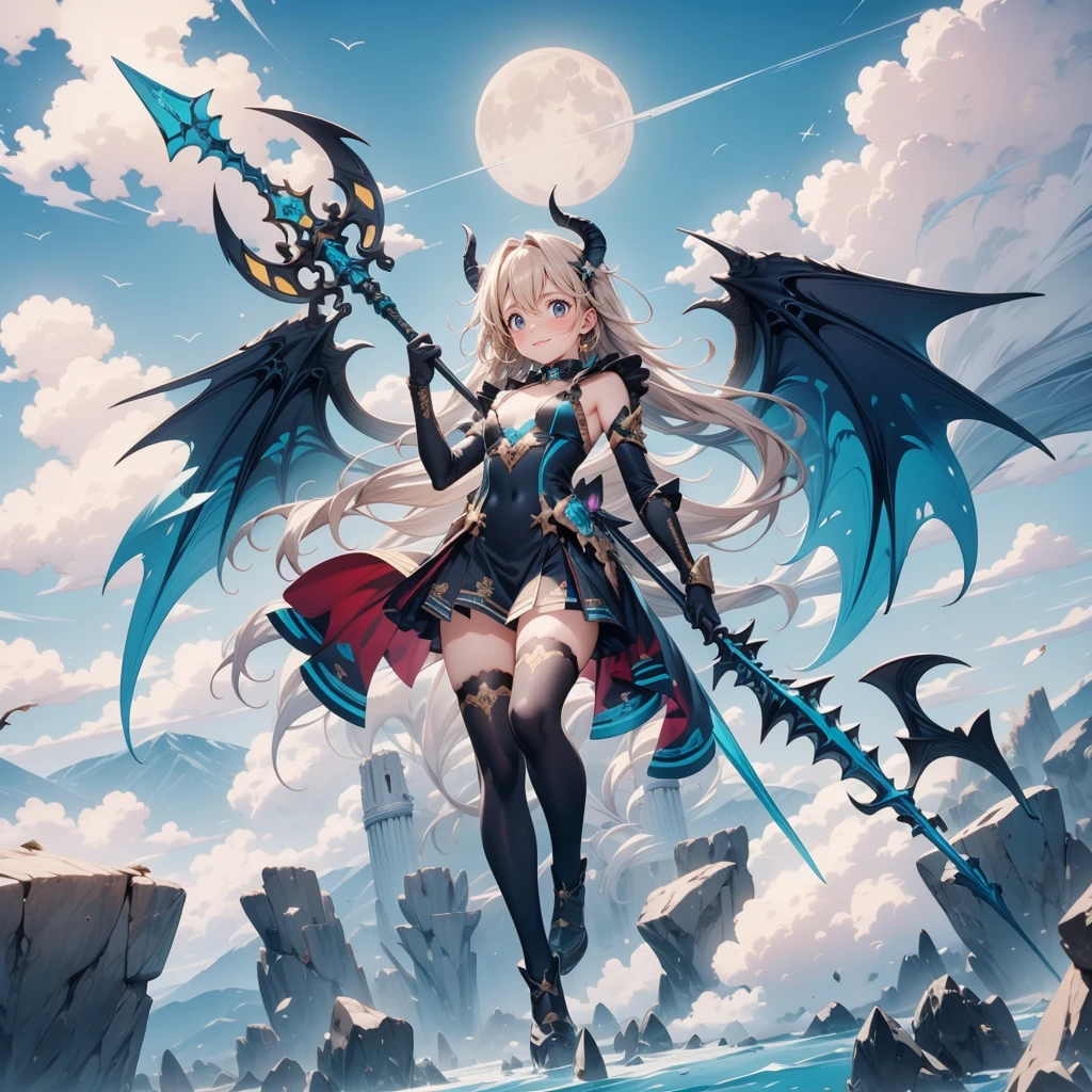 (Turquoise fantasy style) ,(8K),(illusory),Solitary,1 Girl,Yellow hair, Devil's Point,Gradient Wing, Practical, best quality, masterpiece, Ultra Detailed, Ultra-high resolution,rest (outdoor),Flying in the sky,moon,spear,Look at the audience,Scary face