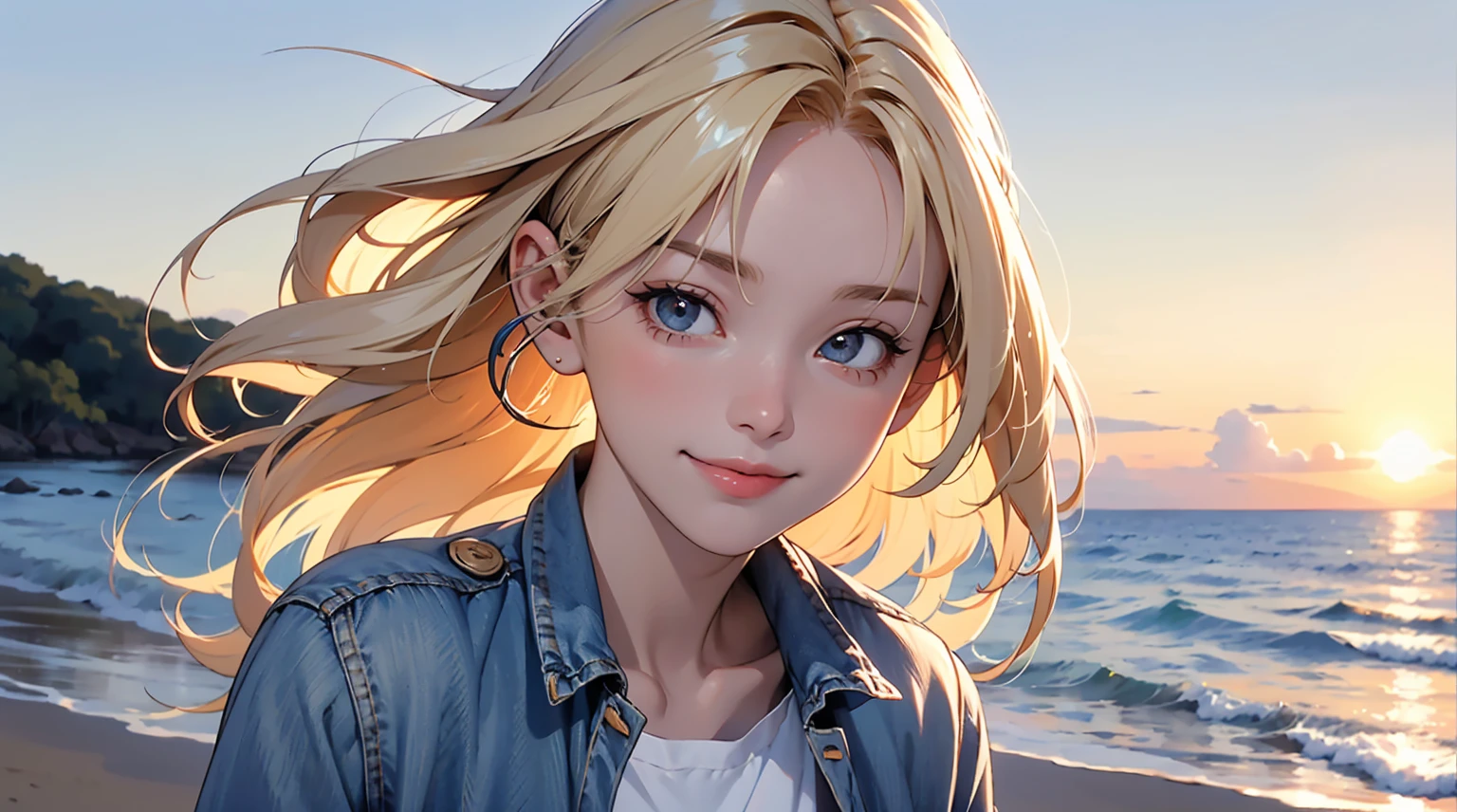 masterpiece、high resolution 8k、NSFW、sharp focus、contrast lighting、fine skin、muste piece、 highest quality、Ultra - High resolution、Super high resolution、Highly detailed CG、1girl,standing,a beach,sea,The sky is clear and blue,a few scattered clouds,sunny day,seagull, a red T-shirt top,blue denim jacket shorts,long blonde hair hair,smiling,headphone,