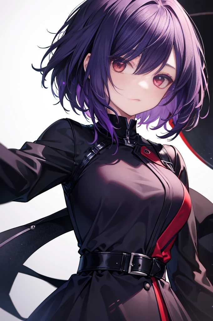 a beautiful girl with violet hair wearing a black dress, extremely detailed facial features, bob haircut, woman wearing a long black and red coat, solo character, white background, anime style, very detailed, best quality, masterpiece, red eyes, short hair