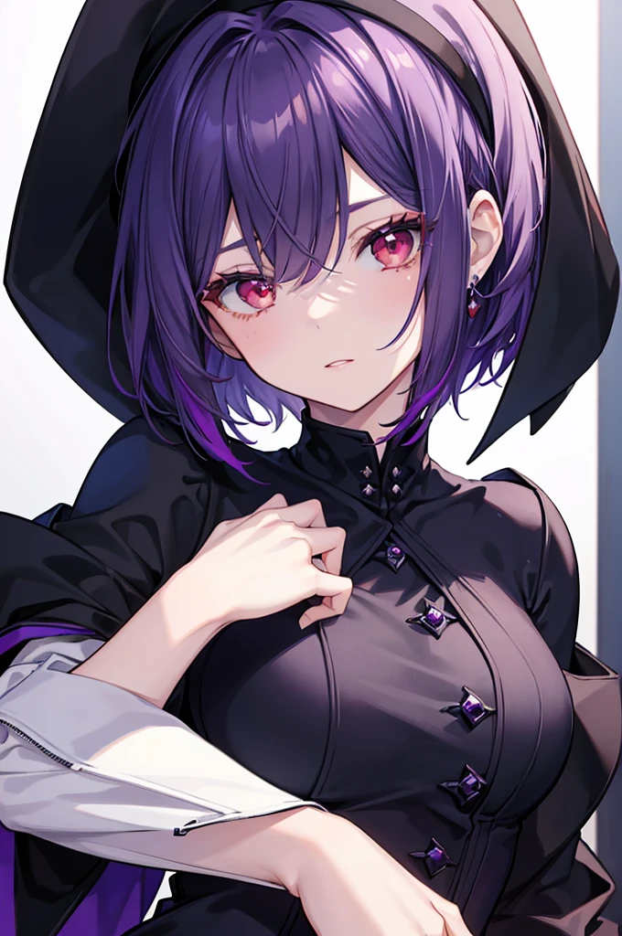 a beautiful girl with violet hair wearing a black dress, extremely detailed facial features, bob haircut, woman wearing a long black and red coat, solo character, white background, anime style, very detailed, best quality, masterpiece, red eyes, short hair