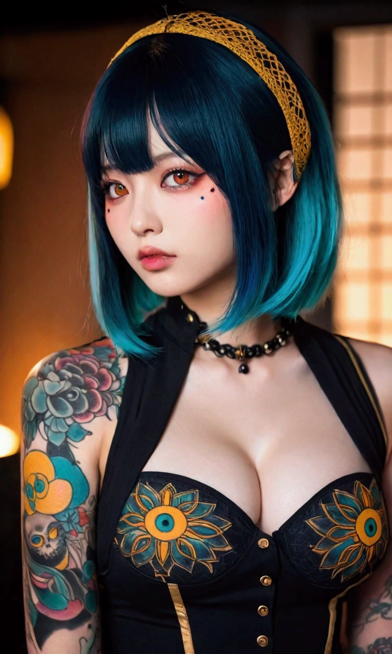 A girl with blue hair and tattoos on her chest， in the style of Kawacy's art style， anime-inspired illustrations， colorful cartoon illustration， yellow eyes， light orange and dark cyan， oshare kei， big breast，portrait of an attractive woman with long bob cut black bangs， gothic fashion theme， vibrant and vivid colors， tattooed neck skin， detailed facial features， in the style of Atey Ghailan， J.C depicts Gothic beauty in the background,