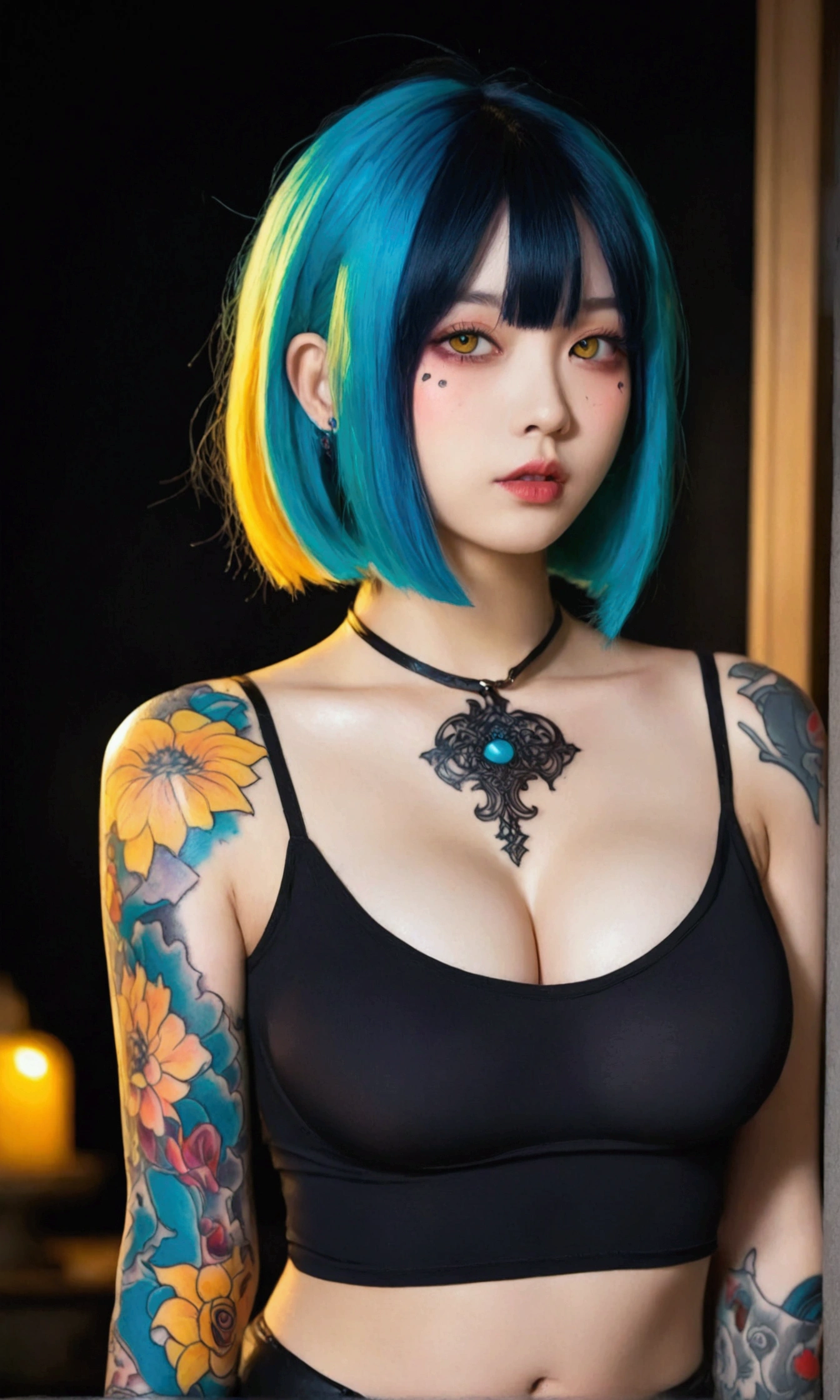 A girl with blue hair and tattoos on her chest， in the style of Kawacy's art style， anime-inspired illustrations， colorful cartoon illustration， yellow eyes， light orange and dark cyan， oshare kei， big breast，portrait of an attractive woman with long bob cut black bangs， gothic fashion theme， vibrant and vivid colors， tattooed neck skin， detailed facial features， in the style of Atey Ghailan， J.C depicts Gothic beauty in the background,