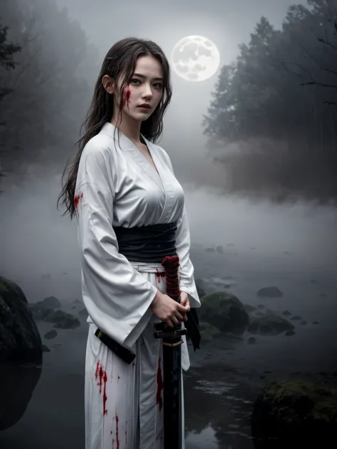 1girl, wearing white kimono (soak with blood:1.2), visible katana handle, detailed face, blood stain, messy long wavy hair, hold...