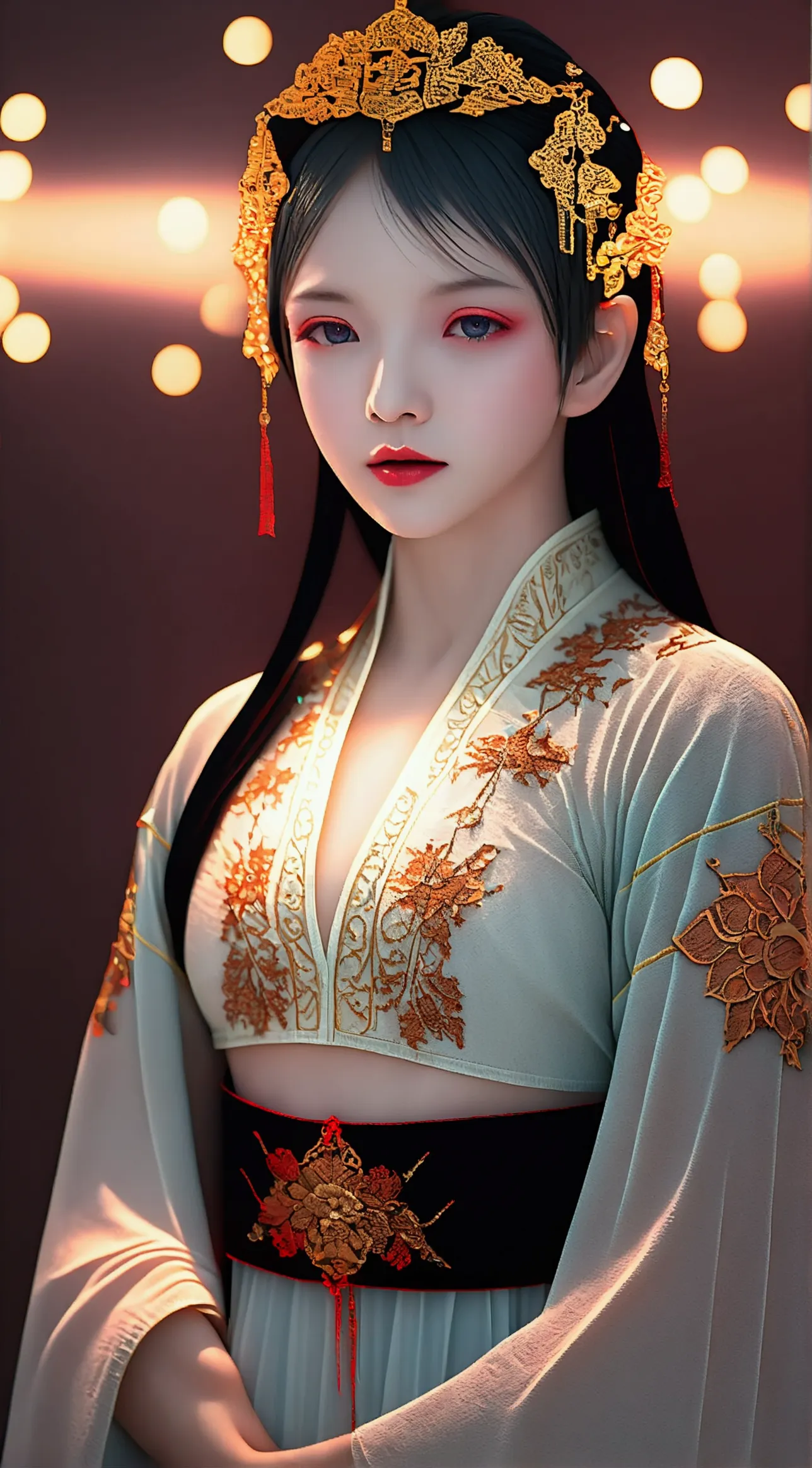 1 beautiful girl in beautiful hanfu costume, thin red silk shirt with many yellow motifs, black lace top, light pink rabbit ears...