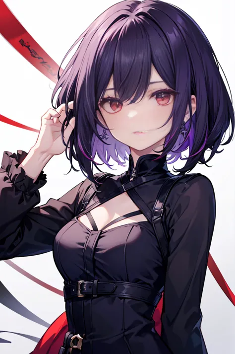 a beautiful girl with violet hair wearing a black dress, extremely detailed facial features, bob haircut, woman wearing a long b...