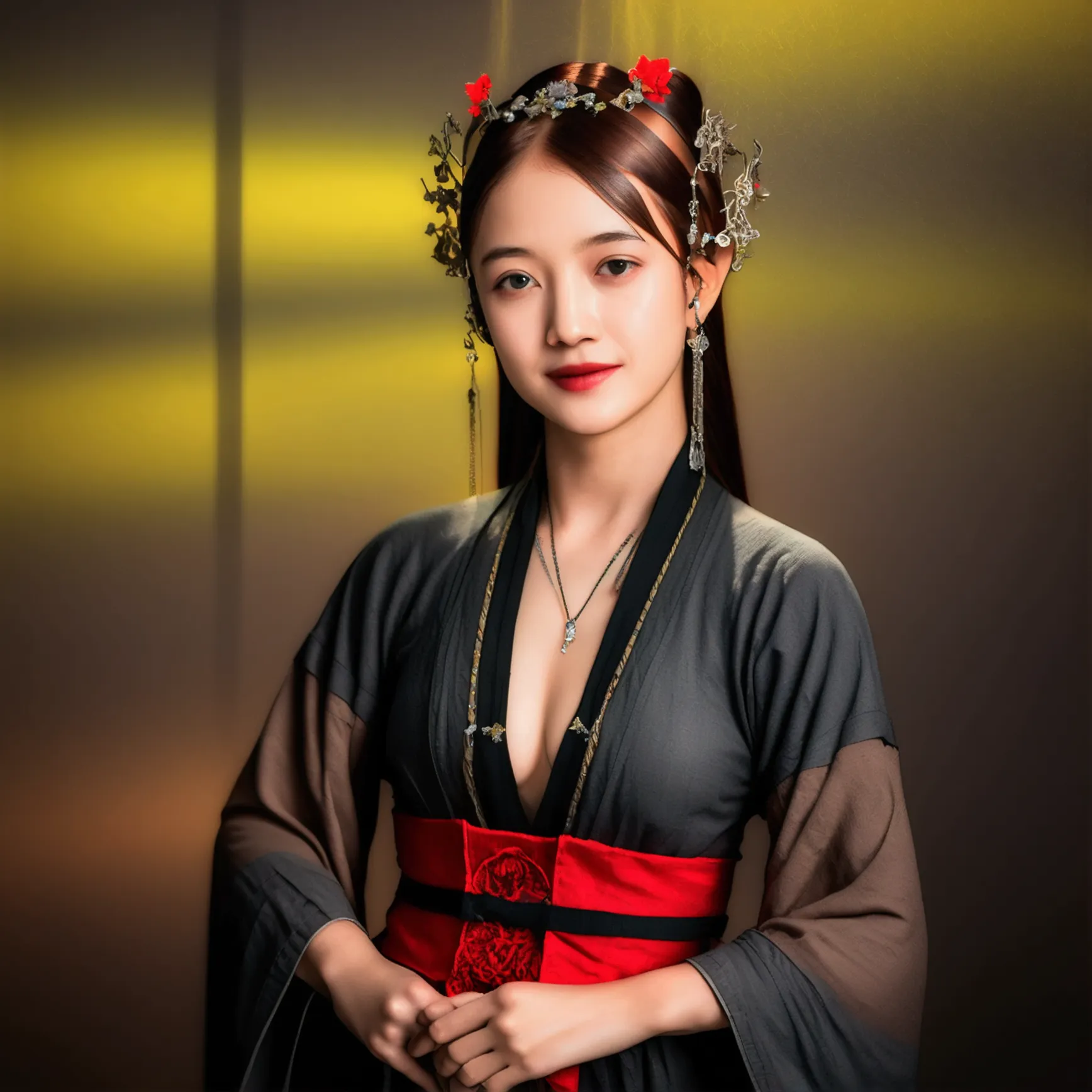 1 beautiful girl in beautiful hanfu costume, thin red silk shirt with many yellow motifs, black lace top, light pink rabbit ears...