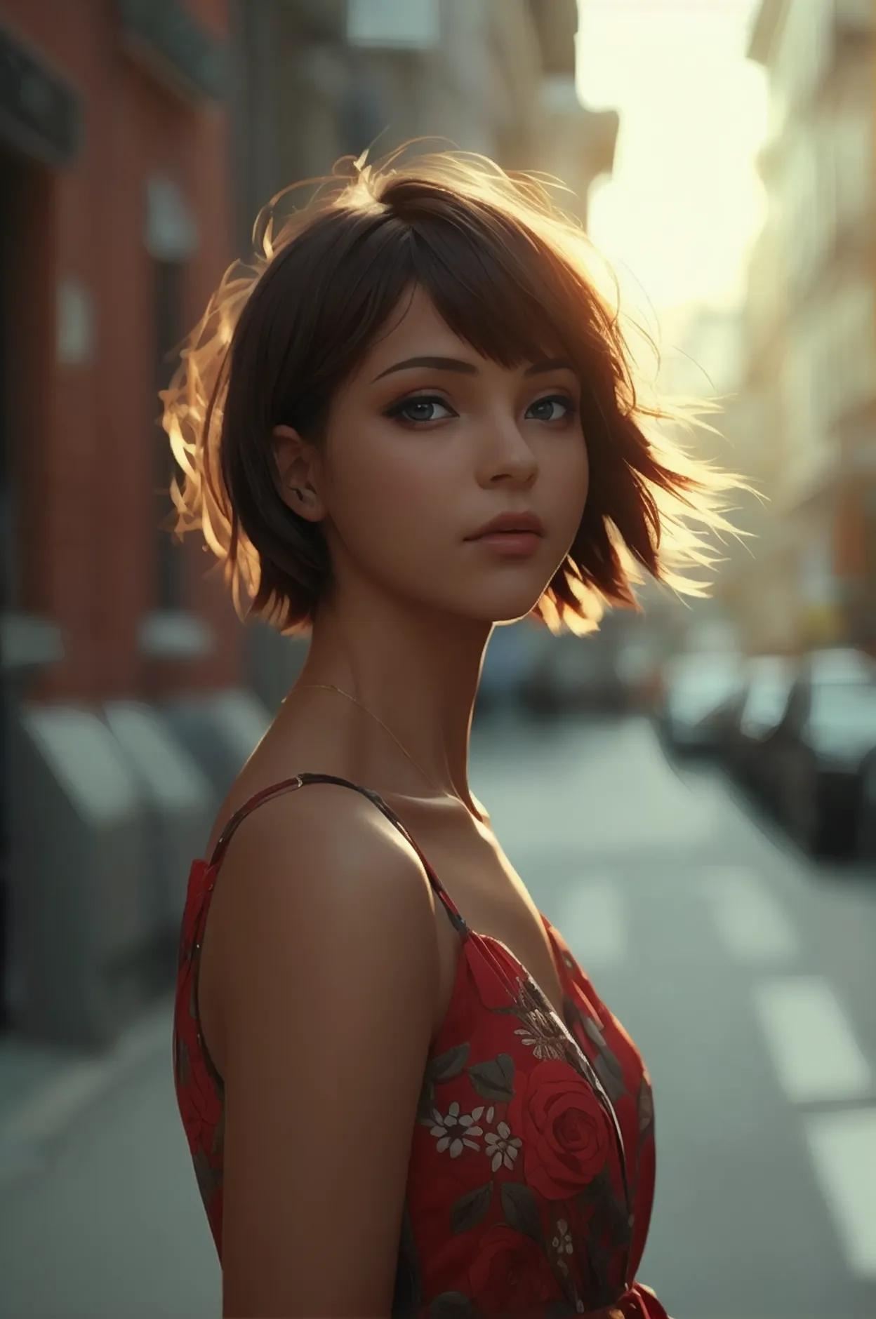 8k, raw picture, photograph, beautiful short hair female ,dress , street