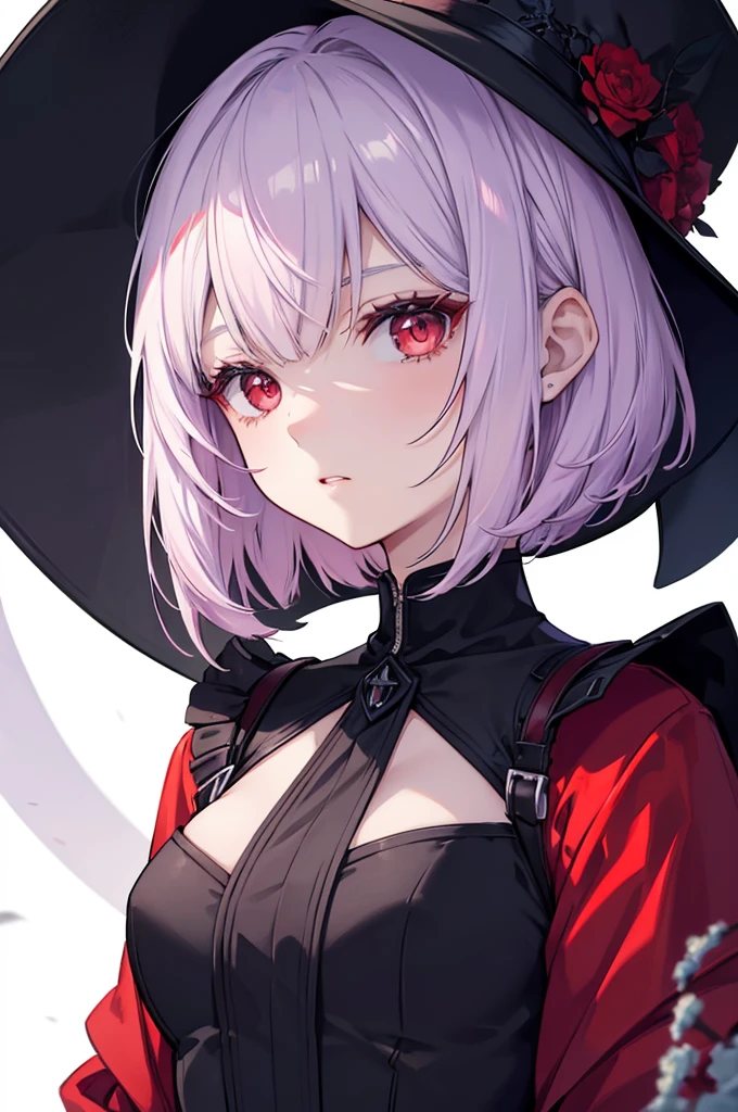 a beautiful girl with light violet hair wearing a black dress, extremely detailed facial features, bob haircut, woman wearing a long black and red coat, solo character, white background, anime style, very detailed, best quality, masterpiece, red eyes, short hair