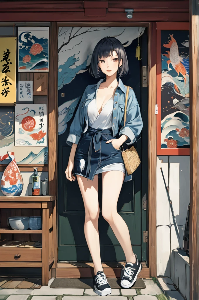 masterpiece, amazing quality, best quality, high resolution, 4K, 8K, UHD, 
Ukiyoe art styles, by rella, by Yoneyama Mai, by Kawamata Tsuneyuki
1girl,  Wrap dress, denim jacket, and sneakers., 
