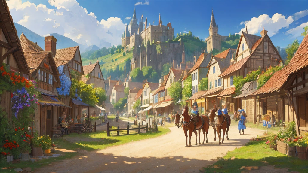 Medieval Europe、fiesta de la cosecha、Imágenes de paisajes、festivales、bullicioso、paisaje urbano、fantasía、fantasía、tiempo de día、espléndido