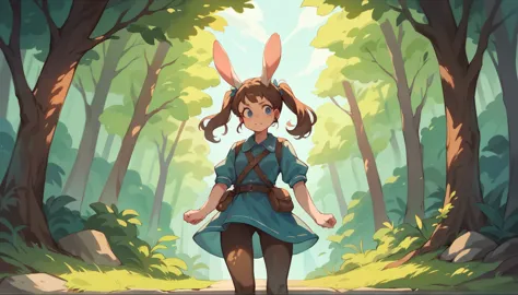 Rabbit in the body of a woman with brown hair, blue eyes, twintails, standing in the middle of a forest There are costume design...