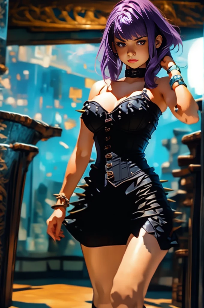 1girl with purple hair, armor, library, red eyes, cape, skirt, long boots, brown hair, window, mad, frown, 1girl, (white background, seeing panties), ,c0rs3t, cleavage, bare shoulders, overbust corset, spikes,