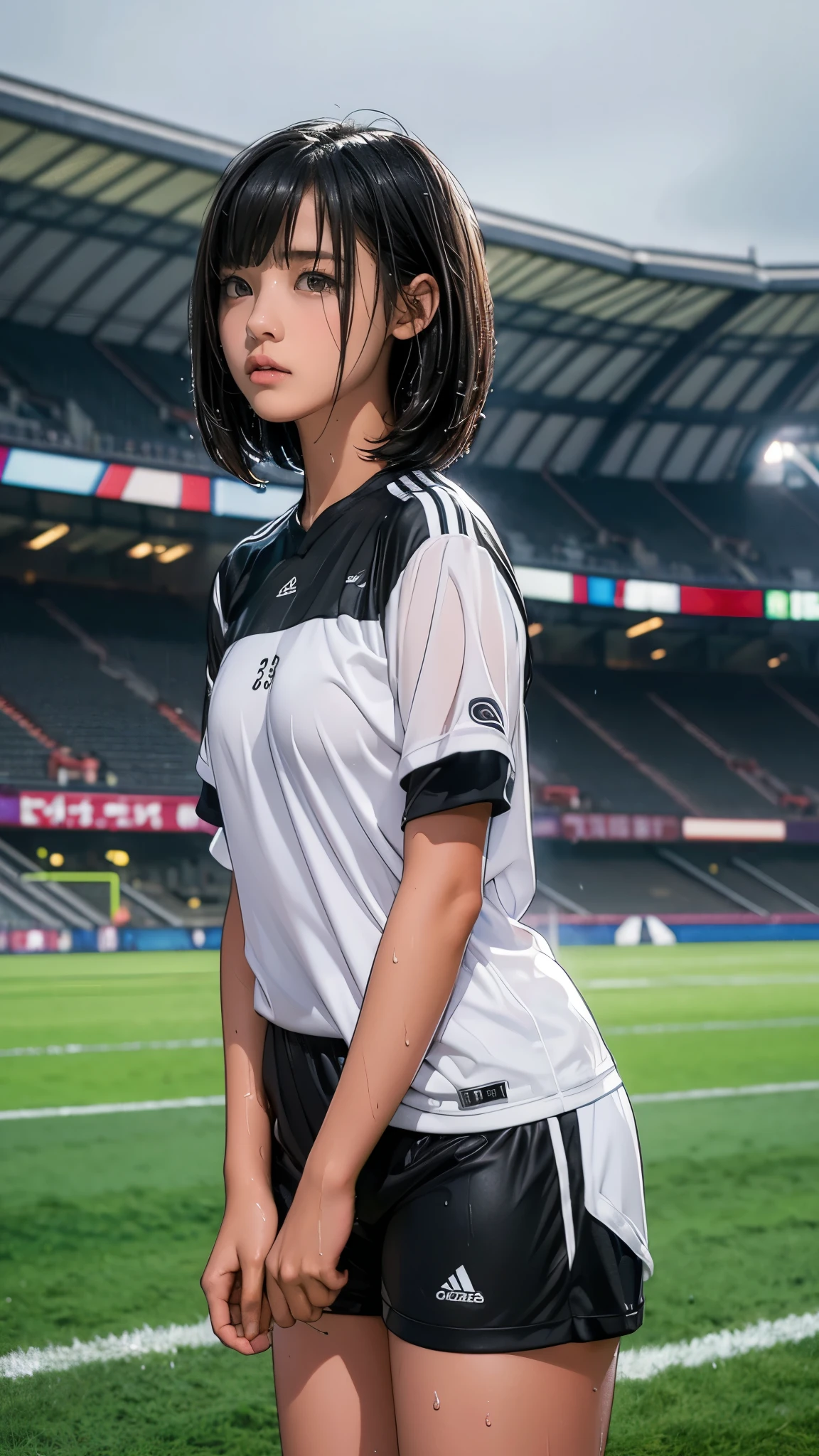 ((13-year-old girl, Very slim)), rain, heavy rain, Black Hair, Bobcut, Football Stadium, (Soccer uniforms, White, Wet Hair, Wet Skin, Wet clothes)