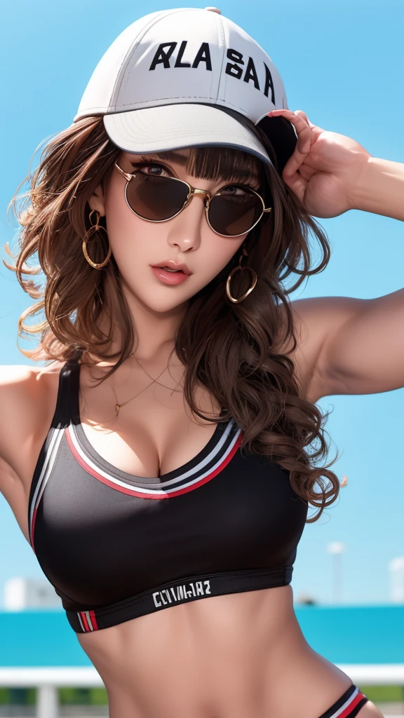 masterpiece, Highest quality, Pixiv, Cool girl, The best sports girl, basketball, Popular characters, Baseball cap, Stylish sunglasses, Cute bra and panties, Dark brown hair, Curly Hair, Blunt bangs, Straight bangs, Colored contact lenses eyes, Gal, Improve、Heavy Big 、