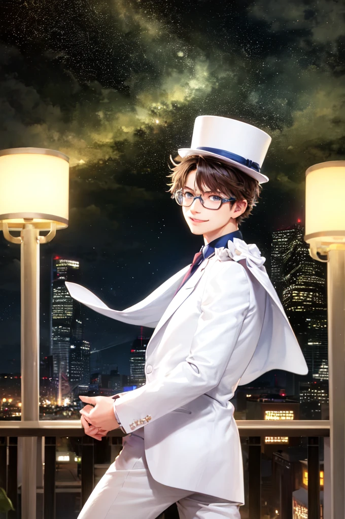 (masterpiece, Highest quality:1.2), Cowboy Shot, alone, Male Focus, One boy, Mukai Toki, smile, View your viewers, Top Hat, glasses, formal, suit, tie, Cape, White pants, night, performer \(null\)