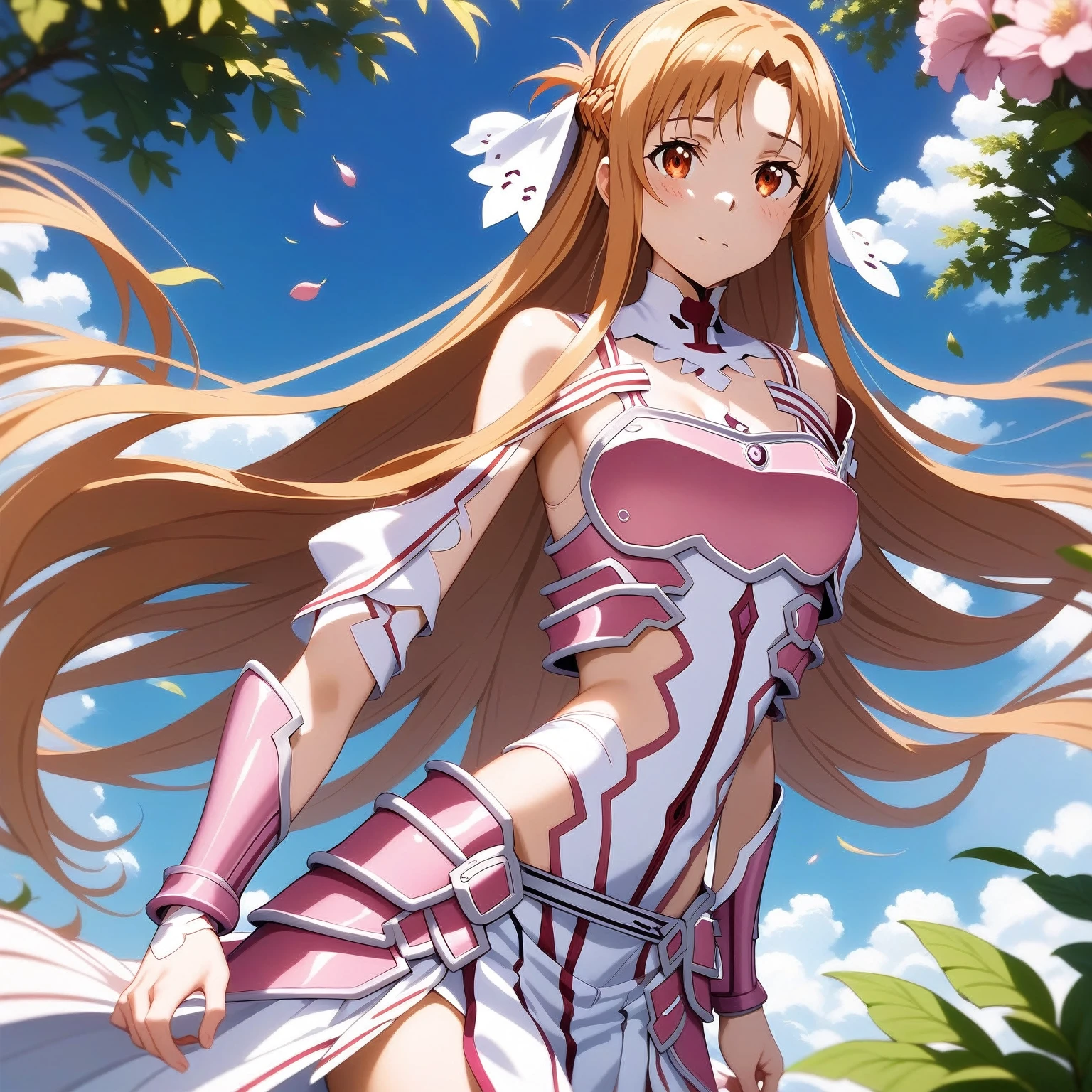 Create a highly realistic AI-generated image of Asuna from Sword Art Online, wearing the outfit shown in the image. The character should be depicted with lifelike detail, including her long, flowing hair, intricate white and pink armor, and serene expression. The background should be a picturesque outdoor setting, with lush greenery and a bright, sunny sky, enhancing the overall realism and beauty of the scene. The image should capture the essence of Asuna, showcasing the detailed and realistic elements of her outfit and surroundings."

