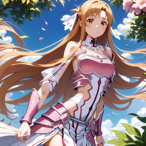 Create a highly realistic AI-generated image of Asuna from Sword Art Online, wearing the outfit shown in the image. The characte...