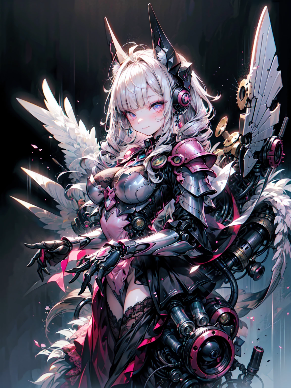 masterpiece, Highest quality, Very detailedな, High resolution, Japanese anime,One girl, Black Hair, (Medium length hair:1.4), (Blunt bangs:1.5), Wavy Hair, Drill Hair, Curl your hair outwards, (Huge breasts:1.2), (Mechanical Horn:1.5), Mechanical Wing, (Iris:1.5), (Beautiful attention to detail:1.4), smile, Height: 130cm, original character, Fantasy, (Black background:1.2), (whole body:1.8), Beautiful fingers, Are standing, (Pink lace frill armor dress:1.5), (Mechanical Headgear:1.5) , Shoot from the front, View your viewers、Blake、Big Breasts、Very detailed (Dark Elf), (1 Girl), alone, Perfect Face, detailed, Ahoge, ((Long Hair:1.2)), (Hair above one eye:1.3), [[Messy Hair]], Shiny blonde white hair, Purple eyes, Variegated eyes, Colorful Hair, Shining Eyes, Bright Eyes, Face imprint, (eyelash, eye shadow, pink eye shadow), smile, Design Art：haruhiko mikimoto, by Kawashi, By Yoshitaka Amano
