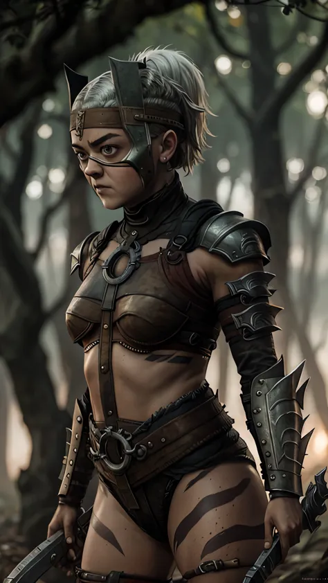 (maisie williams) as ferra from mortal kombat, white hair, ponytail, brown eyes, armor, spikes, guantlets, armored boots, barefo...