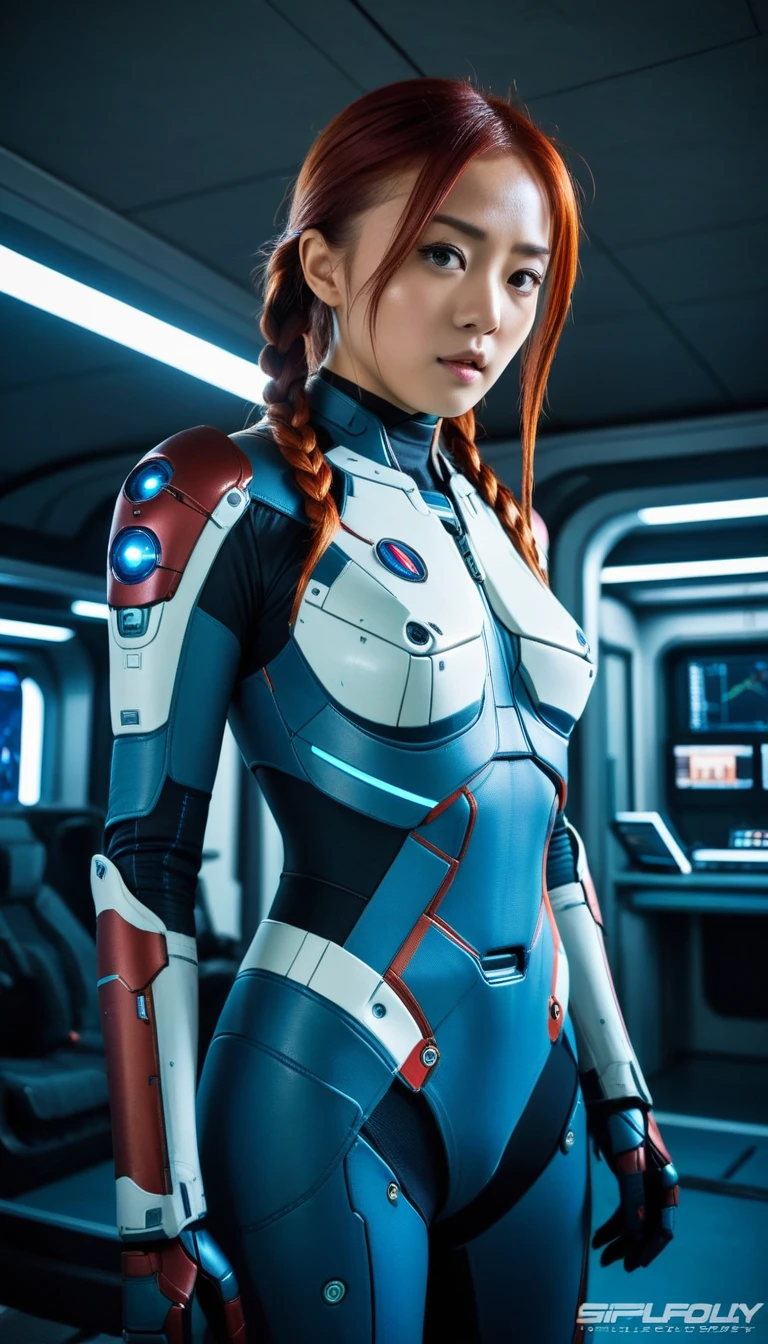 1 Girl、Medium Bust、solo、red Hair、Braid、Mobile Race Suit、Shoulder Armor、ceiling、Wide Shot、Looking Ahead、zipup suit 、Closed Mouth、Highest quality、medium quality、22 years old、Mobile Trace System、cockpit、Asian、CyborgCosplay

