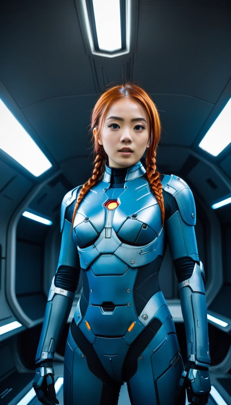 1 Girl、Medium Bust、solo、red Hair、Braid、Mobile Race Suit、Shoulder Armor、ceiling、Wide Shot、Looking Ahead、zipup suit 、Closed Mouth、Highest quality、medium quality、22 years old、Mobile Trace System、cockpit、Asian、CyborgCosplay

