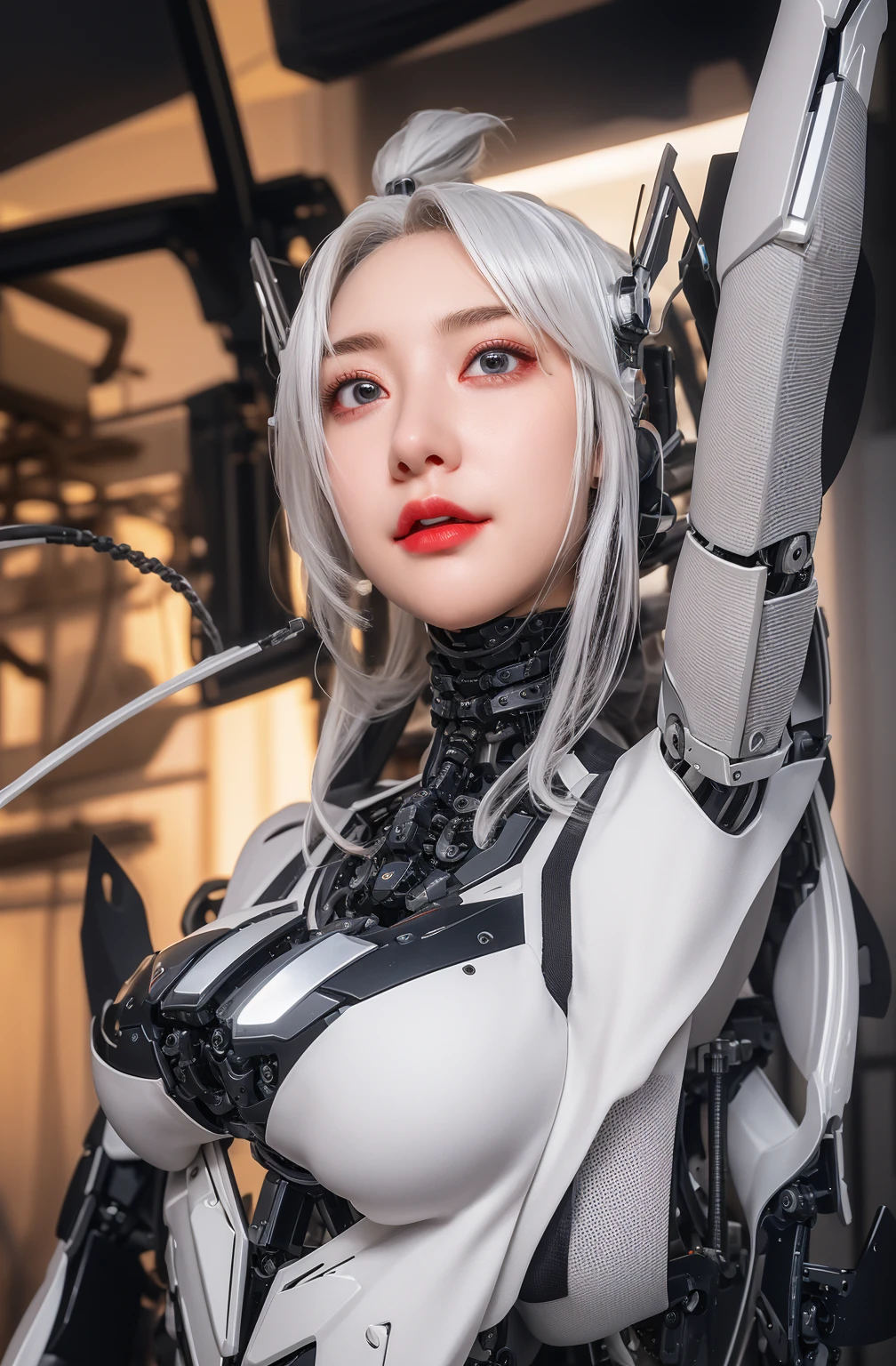 Super Detail, High Detail, high quality, best quality, High resolution，1 female robot，Beautiful female robot,beautiful clear face(Rain waves_haneame：1.5)， Realistic, High resolution, Soft Light,Hips up, (Detailed face), silver hair, long hair, Mecha Maiden, Colorful mechanical parts, mechanical joint, Thick mechanical armor,Weaponry, All metal body, Technology Antenna Hair Accessories