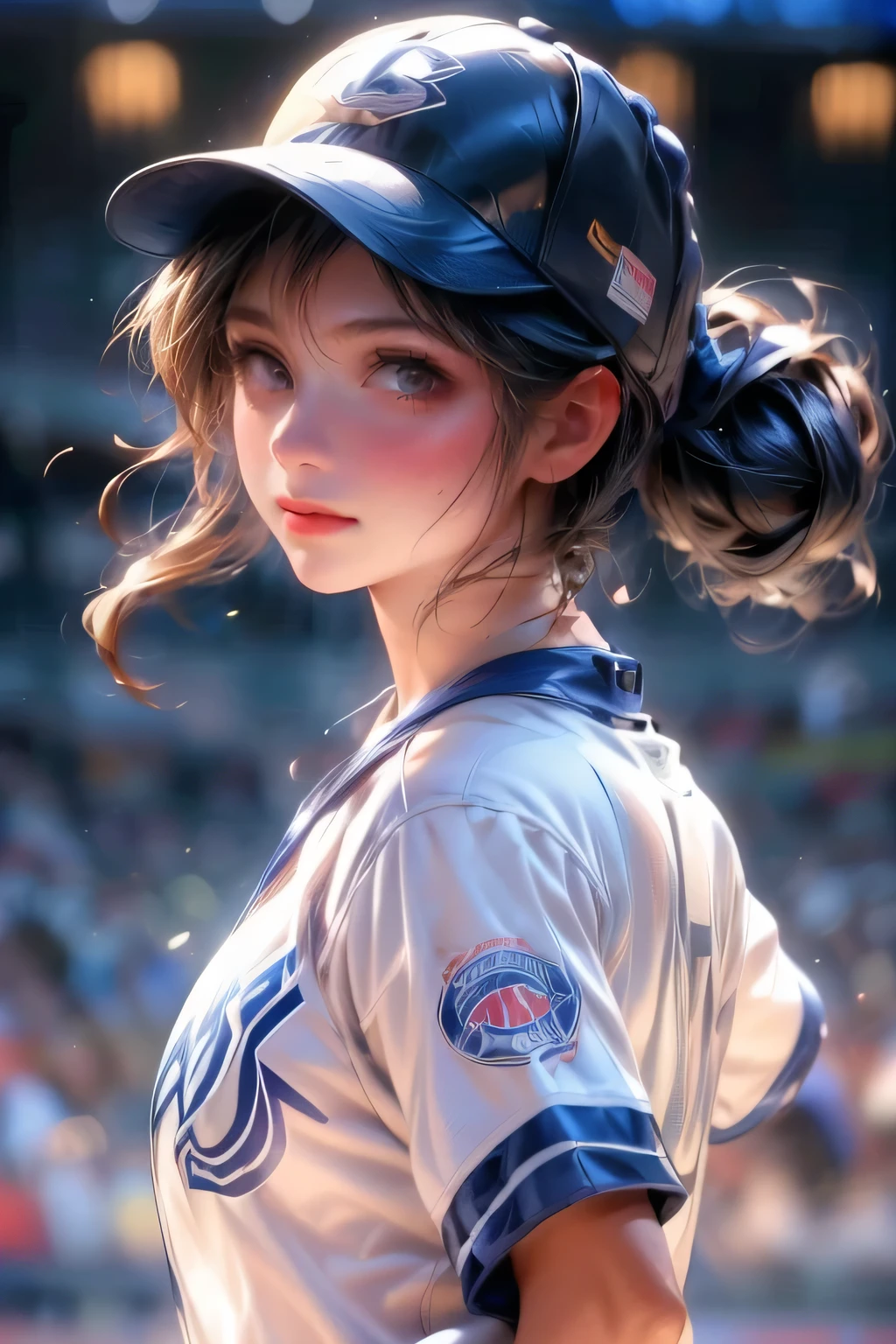 a beautiful lady baseball player holding a baseball glove and ball, detailed face, detailed eyes, detailed nose, detailed lips, muscular body, baseball uniform, dynamic action pose, baseball field background, cinematic lighting, (best quality,4k,8k,highres,masterpiece:1.2),ultra-detailed,(realistic,photorealistic,photo-realistic:1.37),,