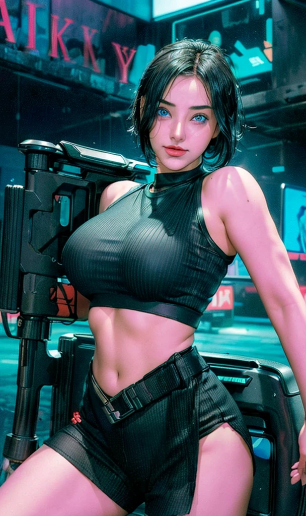 (Masterpiece: 1.21), (Best Quality), Highly Detailed, Ultra Detailed, 1 Short Hair Girl, (Black Hair:1.2),(Glow Eyes, crop tank top), (Large Light Blue Eyes:1.2),(Cyberpunk: 1.2), (Fantasy Landscape: 1.2, Natural Daylight: 1.5, Confident Expression), (Pert Breasts:1.2),(Panorama: 1.2), Smile, Angle, Alita, Cyberpunk Dark Black background