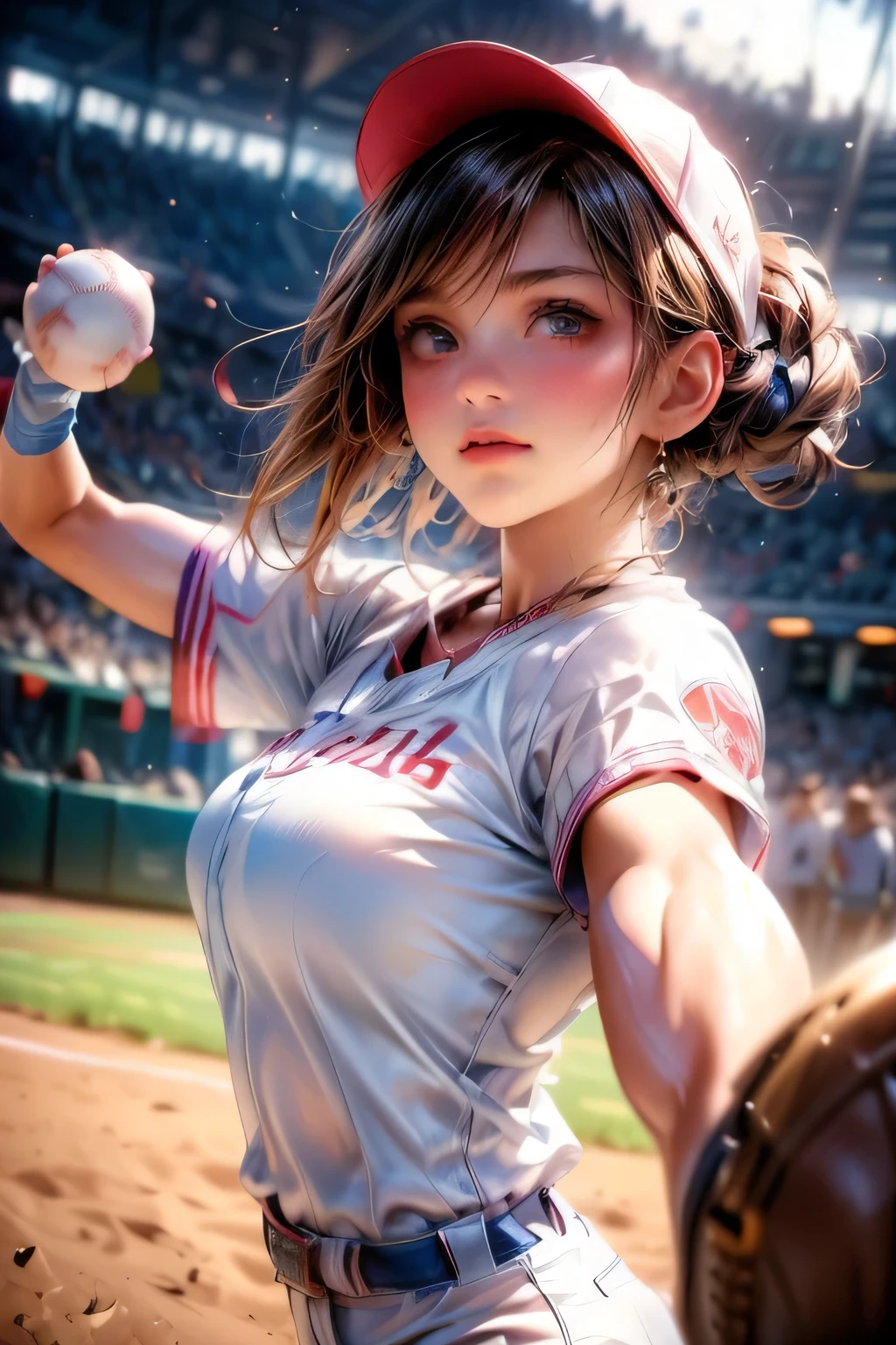 a beautiful lady baseball player holding a baseball glove and ball, detailed face, detailed eyes, detailed nose, detailed lips, muscular body, baseball uniform, dynamic action pose, baseball field background, cinematic lighting, (best quality,4k,8k,highres,masterpiece:1.2),ultra-detailed,(realistic,photorealistic,photo-realistic:1.37),,