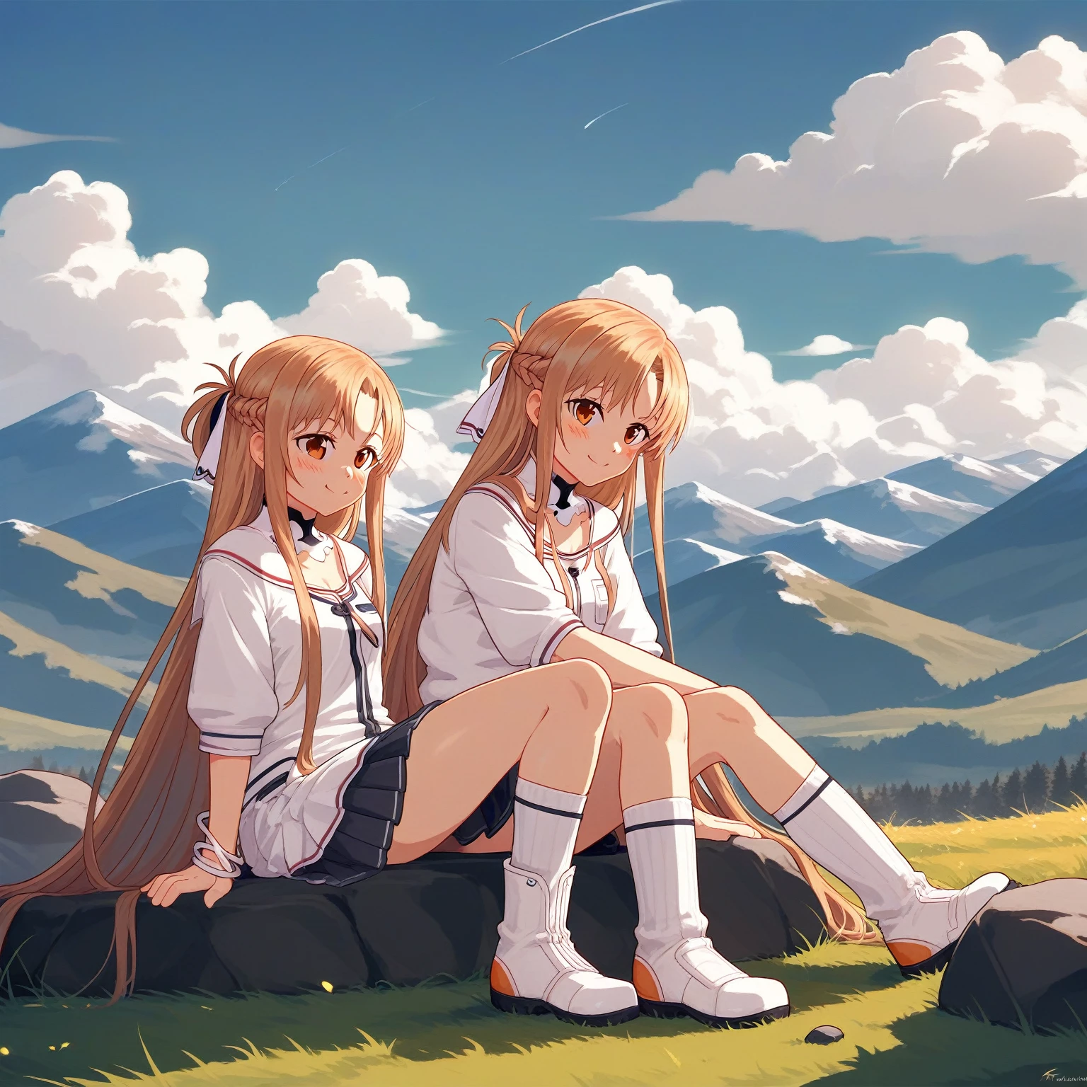 One girl, asuna_\(star\), Front hair, just_shoulder, green_zero, blush, boots, Braidwg, breastplwe, chest, brown_eye, Closed_mouth, cloud, cloudy_zero, Day, wdependent_sleeve, grass, hair_between_eye, length_hair, Lookwg_w_Audience, Mountaw, Outdoor, rock, Sittwg, skirt, zero, smile, 一人w, Knee socks, very_length_hair, big 