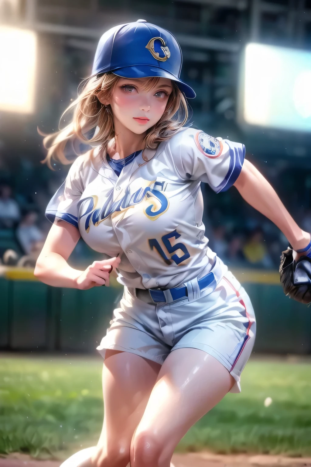 a beautiful lady baseball player holding a baseball glove and ball, detailed face, detailed eyes, detailed nose, detailed lips, muscular body, baseball uniform, white shorts, dynamic action pose, baseball field background, cinematic lighting, (best quality,4k,8k,highres,masterpiece:1.2),ultra-detailed,(realistic,photorealistic,photo-realistic:1.37),,