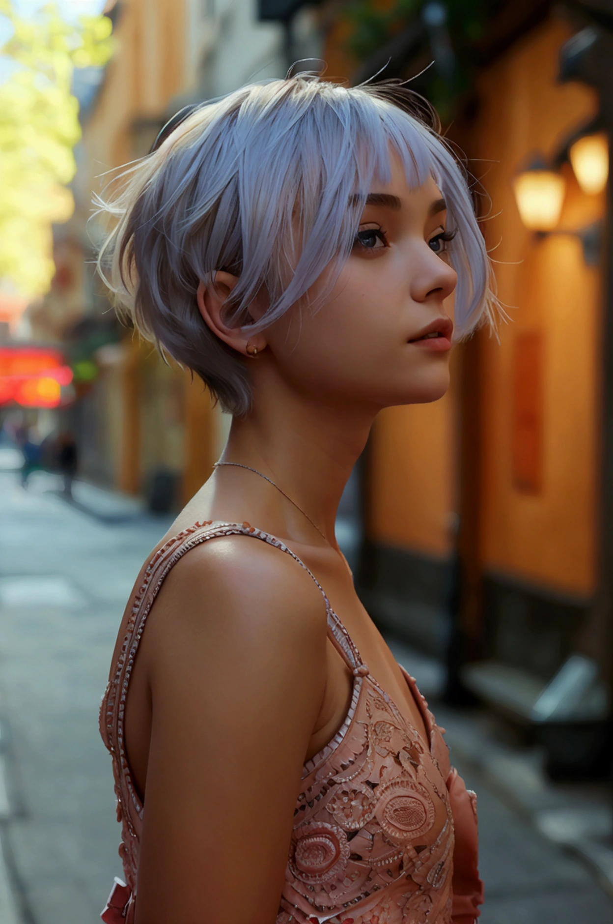 8k, raw picture, photograph, beautiful short hair female ,dress , street 