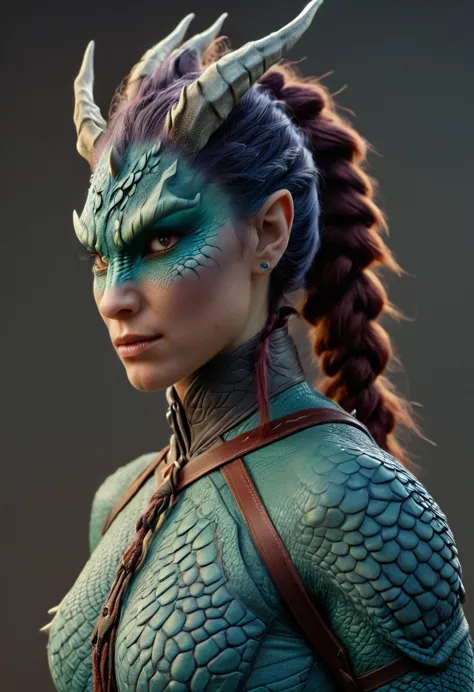 ((full body))Hyperrealistic art female human dragon hybrid, covered in matte scales as skin, extreme close-up, striking reptilia...