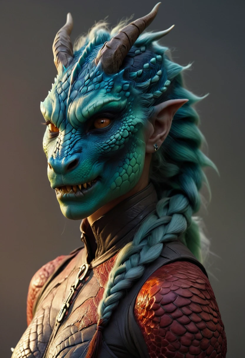 ((full body))Hyperrealistic art female human dragon hybrid, covered in matte scales as skin, extreme close-up, striking reptilian eyes, dragon horns, bald, braided ponytail, exudes confidence and power, sunet, rim lighting, cold colors. style of Don Lawrence, style of (Will Murai:1.2), style of (Greg Rutkowski:0.8), . Extremely high-resolution details, photographic, realism pushed to extreme, fine texture, incredibly lifelike
