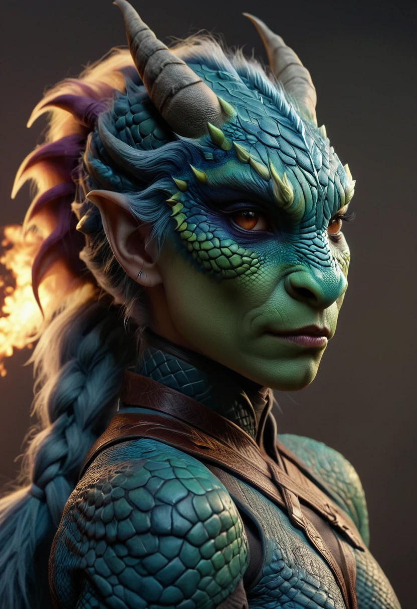 ((full body))Hyperrealistic art female human dragon hybrid, covered in matte scales as skin, extreme close-up, striking reptilian eyes, dragon horns, bald, braided ponytail, exudes confidence and power, sunet, rim lighting, cold colors. style of Don Lawrence, style of (Will Murai:1.2), style of (Greg Rutkowski:0.8), . Extremely high-resolution details, photographic, realism pushed to extreme, fine texture, incredibly lifelike
