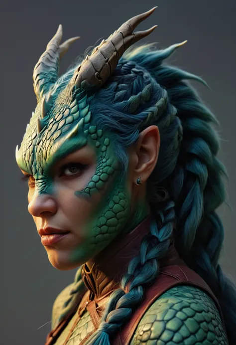 ((full body))hyperrealistic art female human dragon hybrid, covered in matte scales as skin, extreme close-up, striking reptilia...