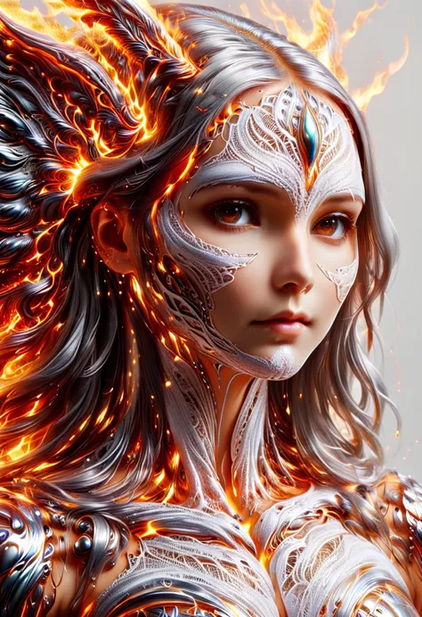 Ralchrome, Lal Slava, Attentive woman, Highly detailed face, Burning Wings, Lacework, Super Resolution, Symmetric, White parchme...