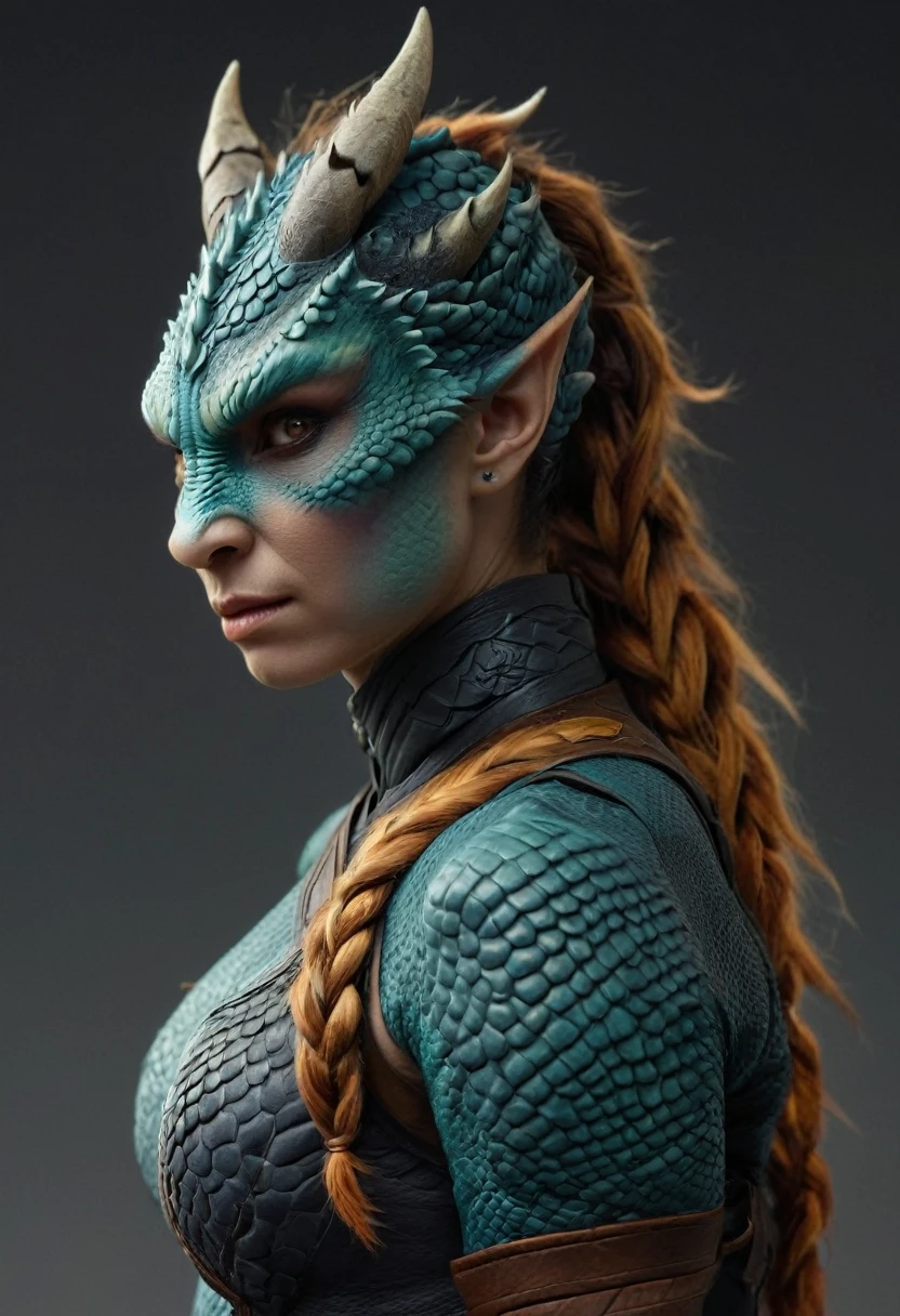 ((full body))Hyperrealistic art female human dragon hybrid, covered in matte scales as skin, extreme close-up, striking reptilian eyes, dragon horns, bald, braided ponytail, exudes confidence and power, sunet, rim lighting, cold colors. style of Don Lawrence, style of (Will Murai:1.2), style of (Greg Rutkowski:0.8), . Extremely high-resolution details, photographic, realism pushed to extreme, fine texture, incredibly lifelike
