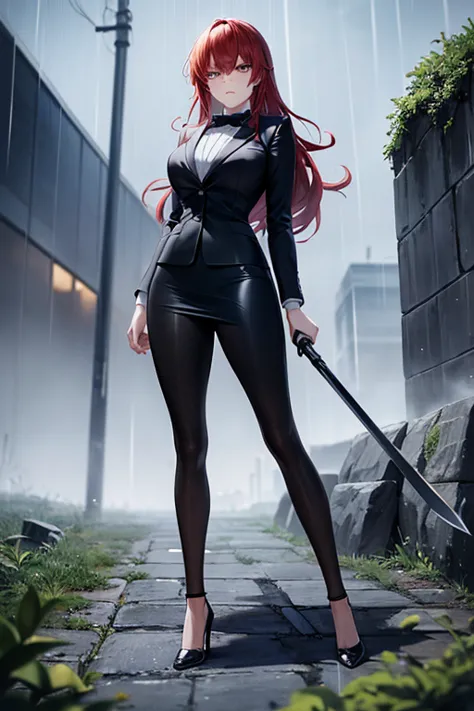 best quality, 1girl, beautiful angry business woman holding two steel swords, black business suit, black midi pencil skirt, blac...