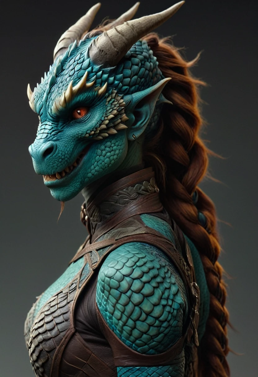 ((full body))Hyperrealistic art female human dragon hybrid, covered in matte scales as skin, extreme close-up, striking reptilian eyes, dragon horns, bald, braided ponytail, exudes confidence and power, sunet, rim lighting, cold colors. style of Don Lawrence, style of (Will Murai:1.2), style of (Greg Rutkowski:0.8), . Extremely high-resolution details, photographic, realism pushed to extreme, fine texture, incredibly lifelike
