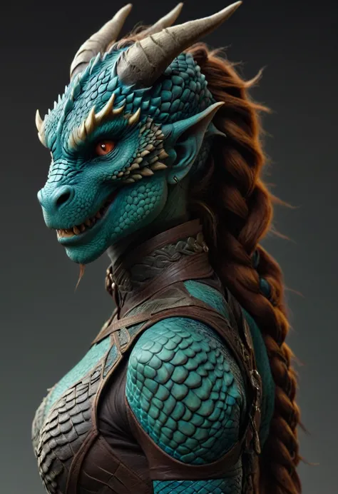 ((full body))Hyperrealistic art female human dragon hybrid, covered in matte scales as skin, extreme close-up, striking reptilia...